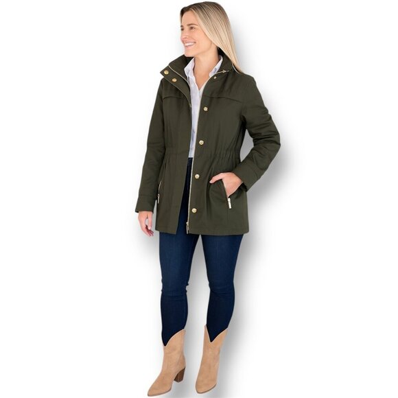 Antonio Melani XL Olive Green Hooded Utility Trench Coat Gold Zip Jacket Fall - Picture 2 of 14